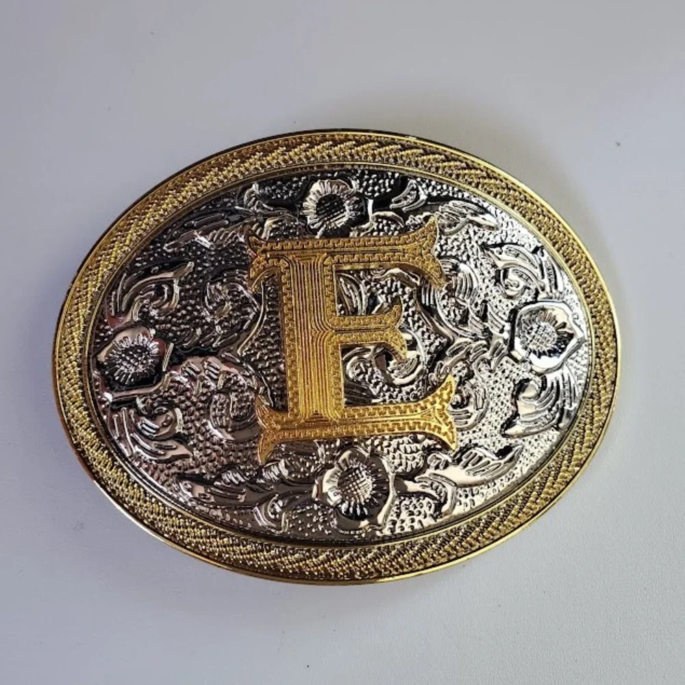 Western Initial E Belt Buckle Gold Silver Two Tone Floral Engraved Oval Cowboy